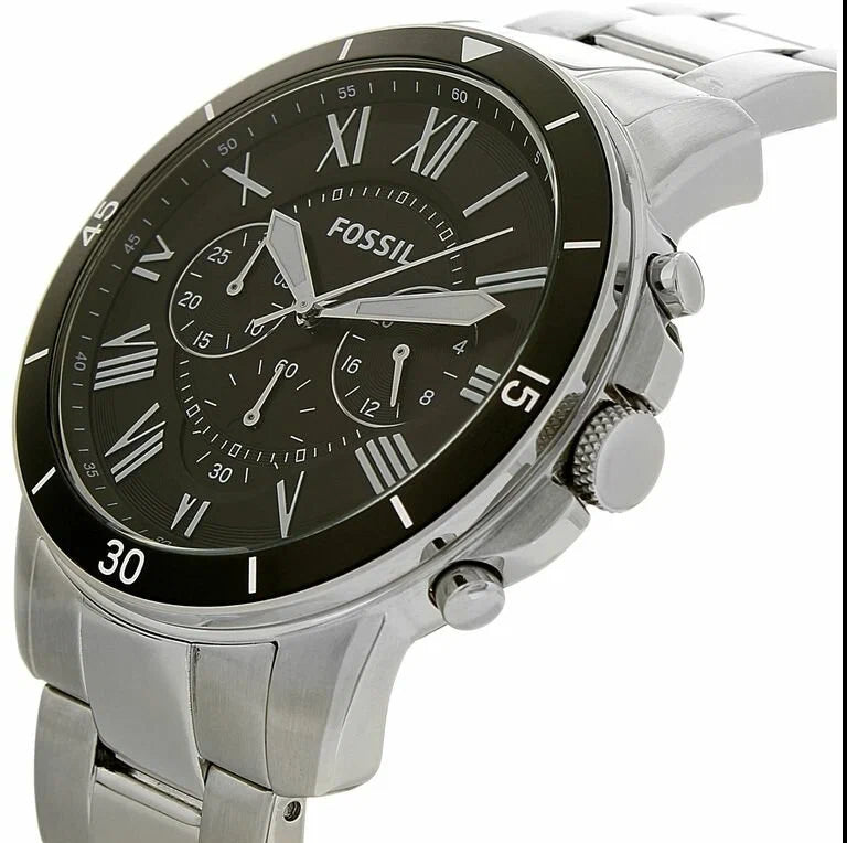 Fossil Grant Sport Chronograph Black Dial Silver Steel Strap Watch for Men - FS5236