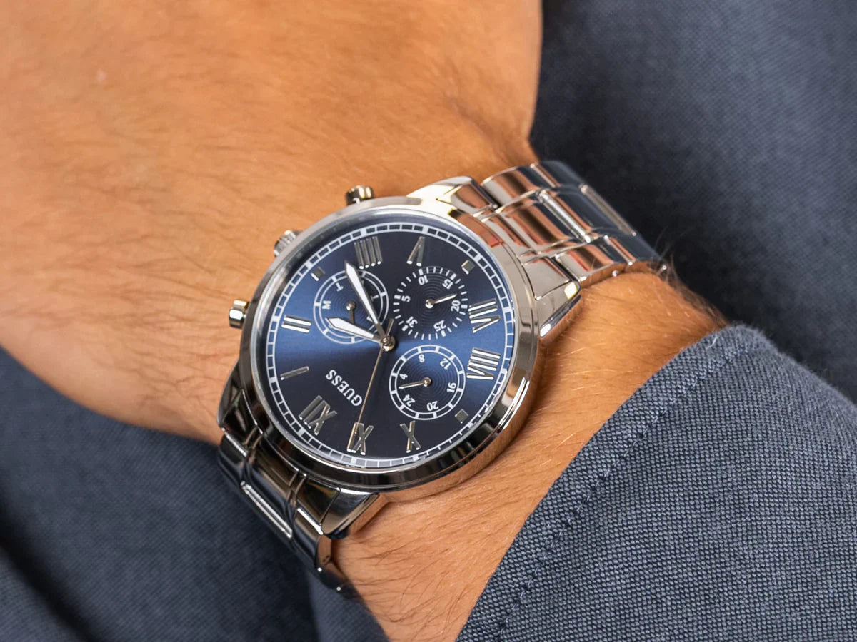Guess Hendrix Chronograph Blue Dial Silver Steel Strap Watch for Men - W1309G1
