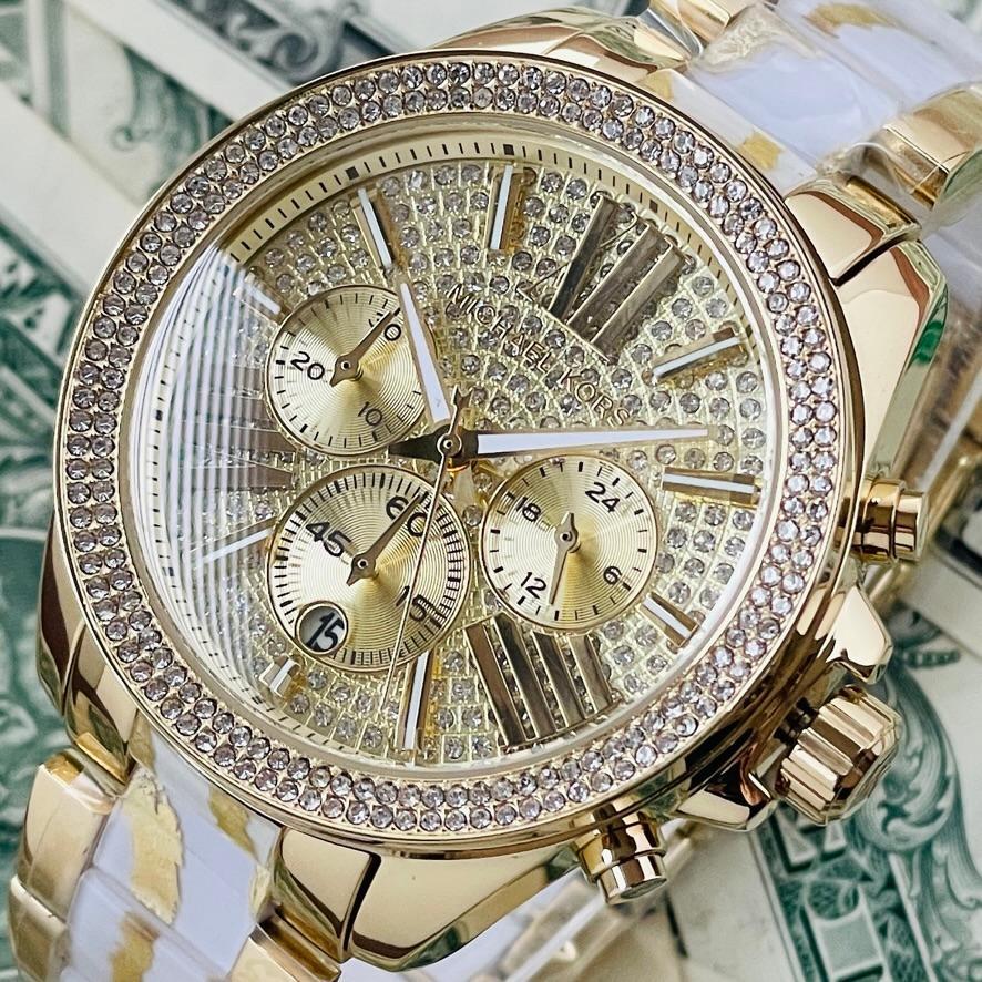 Michael Kors Wren Diamonds Gold Dial Two Tone Steel Strap Watch for Women - MK6157