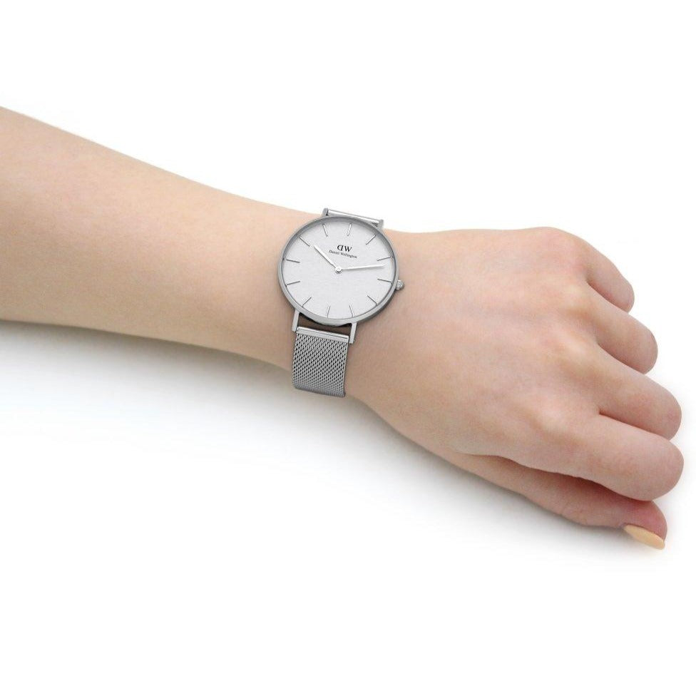 Daniel Wellington Petite Sterling Quartz White Dial Silver Mesh Bracelet Watch For Men - DW00100306