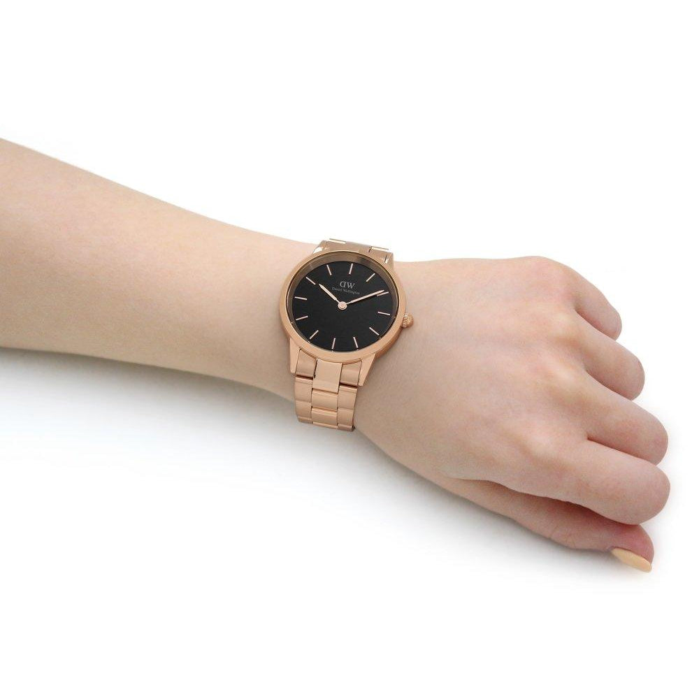 Daniel Wellington Iconic Link Black Dial Rose Gold Steel Strap Watch For Men - DW00100344