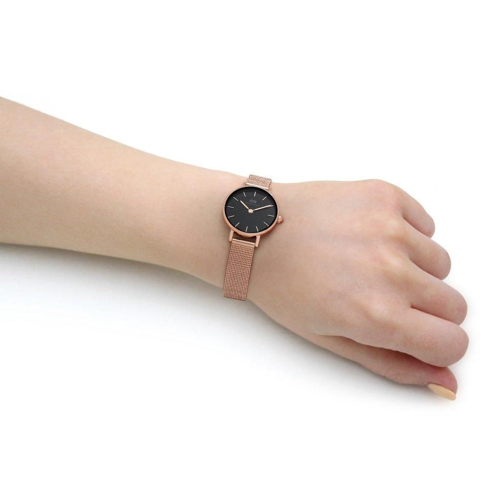 Daniel Wellington Petite Pressed Melrose Black Dial Rose Gold Mesh Strap Watch For Women - DW00100440