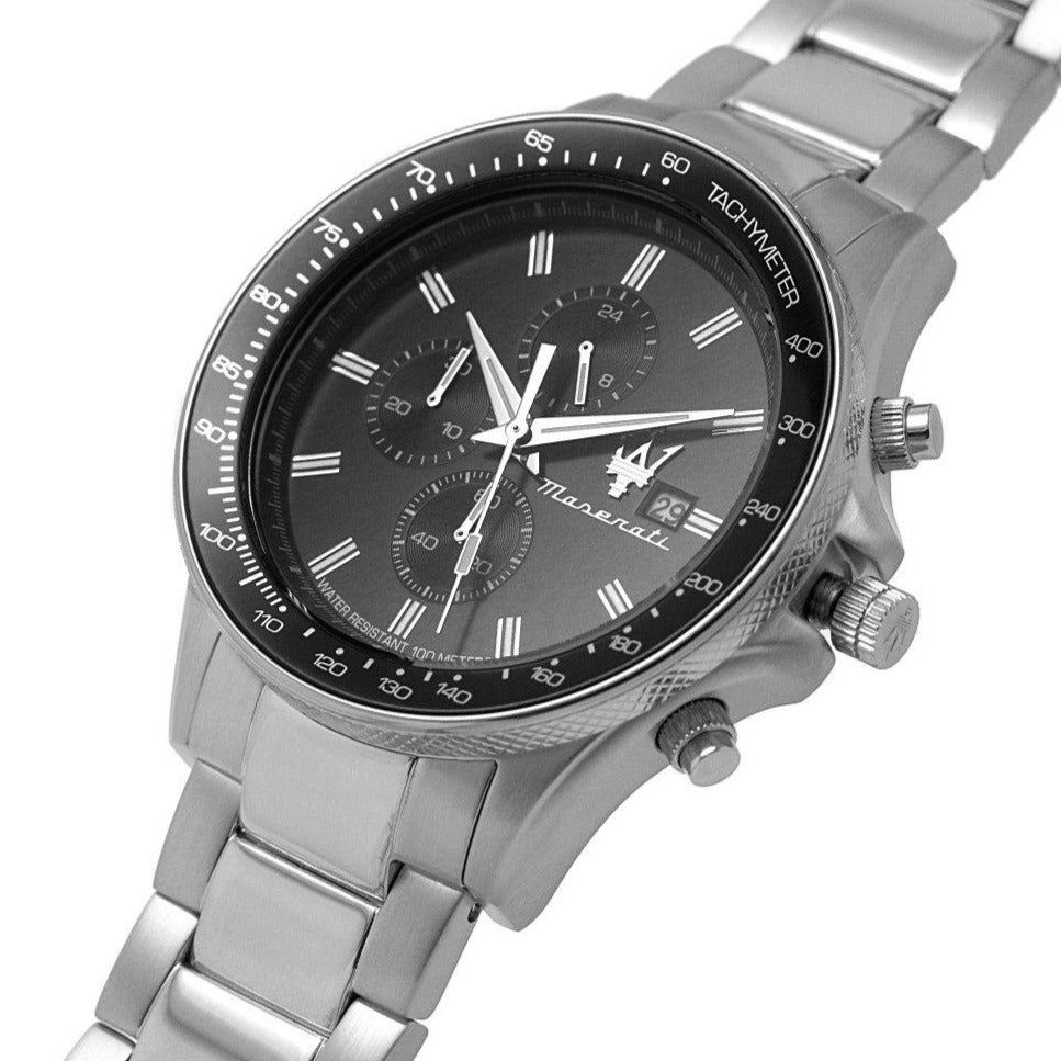 Maserati SFIDA Chronograph Black Dial Silver Steel Strap Watch For Men - R8873640015