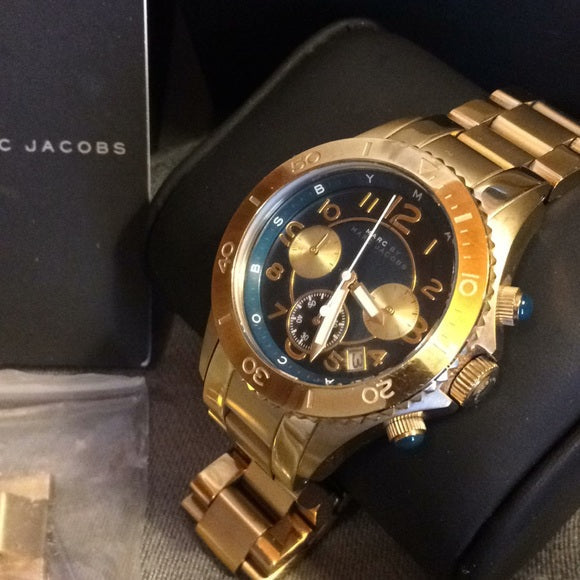 Marc Jacobs Rock Chronograph Green Dial Gold Steel Strap Watch for Women - MBM3252