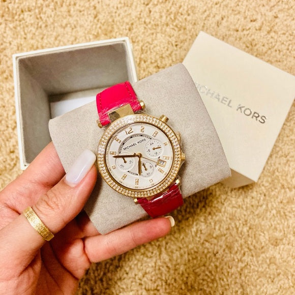 Michael Kors Parker Chronograph White Dial Pink Leather Strap Watch for Women - MK2297