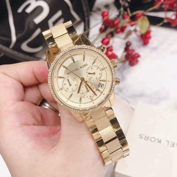 Michael Kors Ritz Chronograph Gold Dial Gold Steel Strap Watch For Women - MK6597
