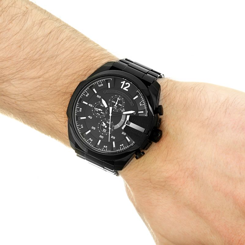 Diesel Mega Chief Chronograph Black Dial Black Steel Strap Watch For Men - DZ4283