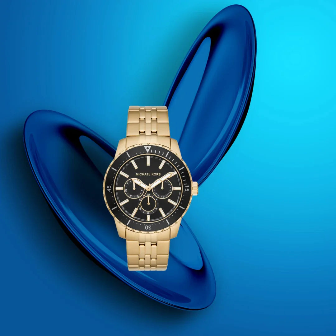 Michael Kors Cunningham Multifunction Black Dial Gold Steel Strap Watch For Men - MK7154