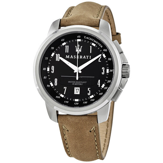 Maserati Successo Black Dial Beige Leather Strap Watch For Men - R8851121004