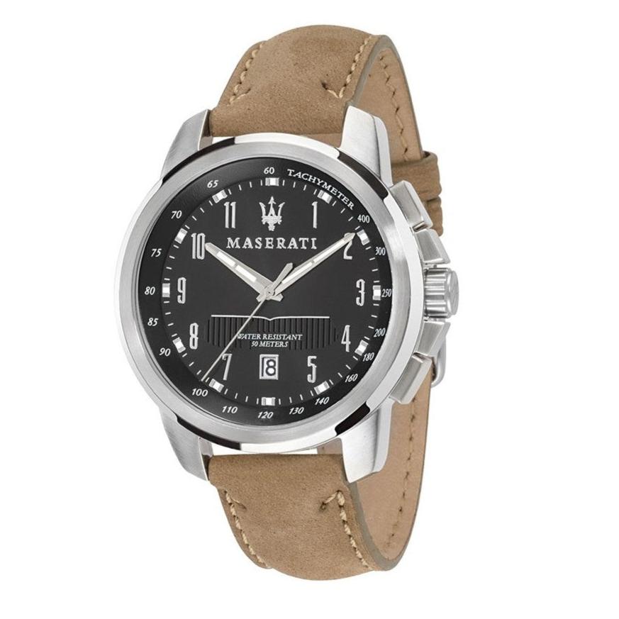 Maserati Successo Black Dial Beige Leather Strap Watch For Men - R8851121004