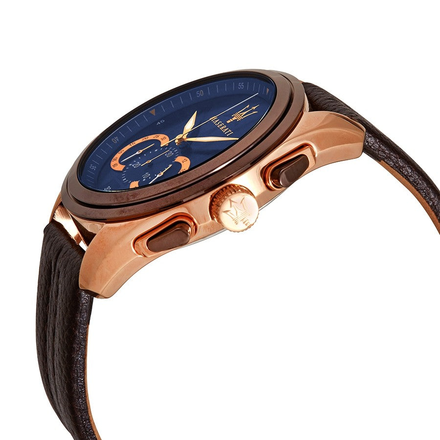 Maserati Traguardo Chronograph Blue Dial Brown Leather Strap Watch For Men - R8871612024