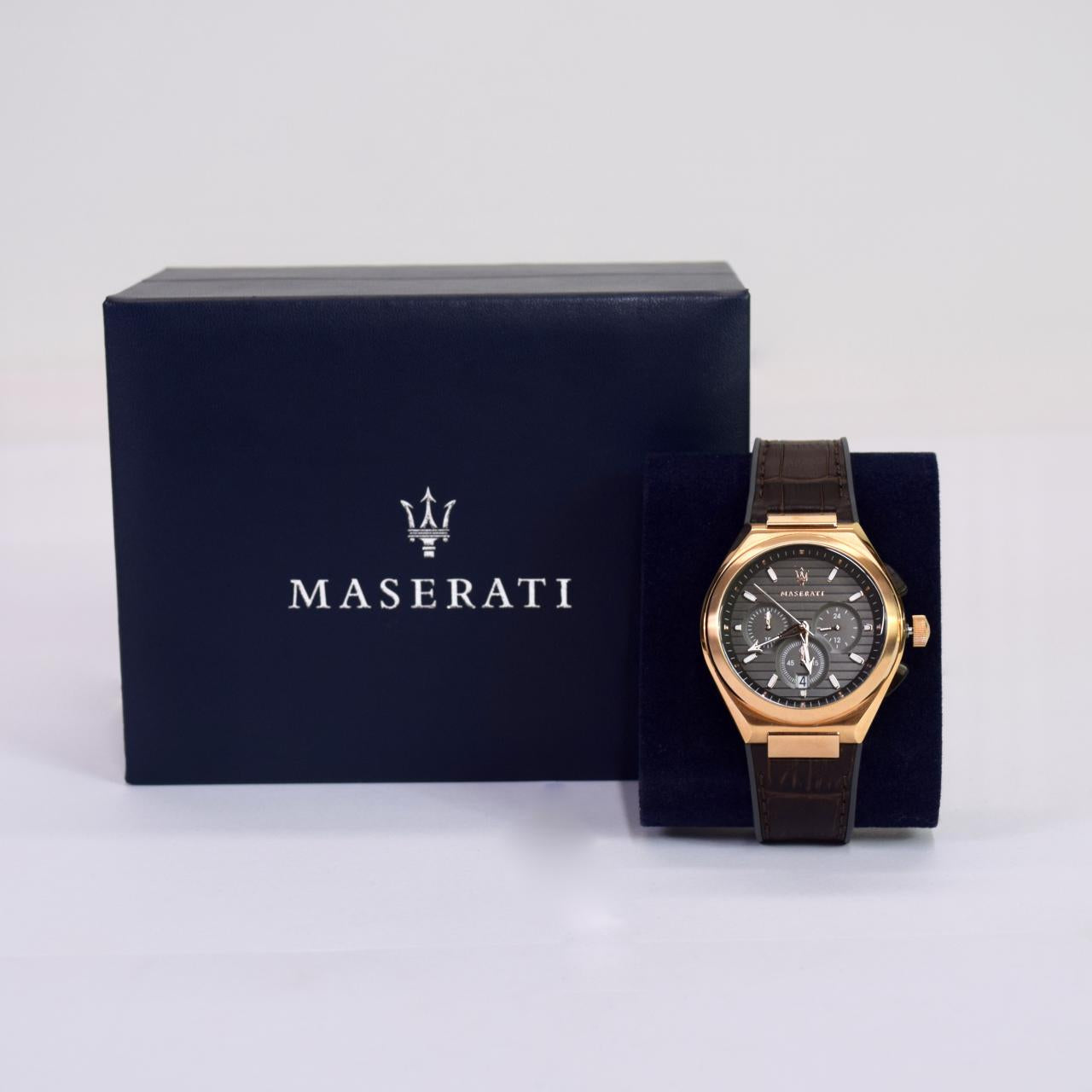Maserati Triconic Chronograph Grey Dial Brown Leather Strap Watch For Men - R8871639003