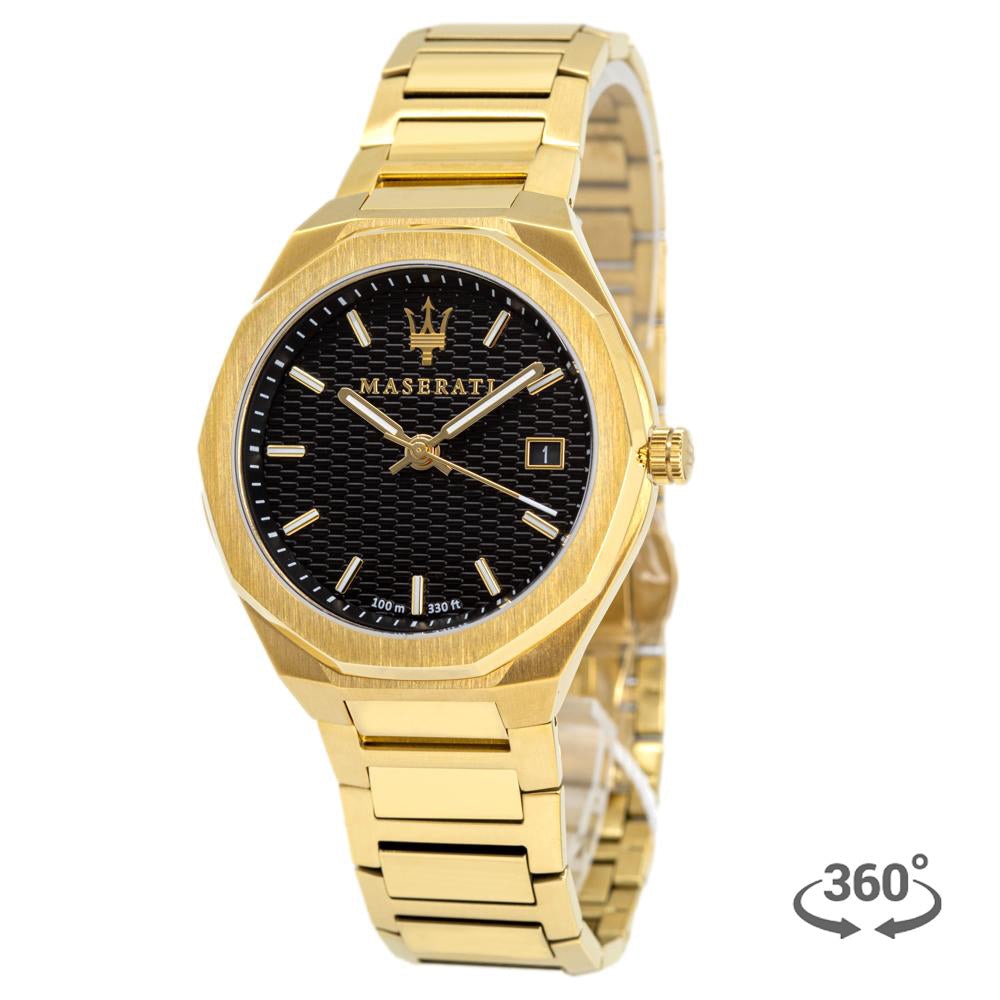 Maserati Stile Black Dial Gold Steel Strap Watch For Men - R8853142004