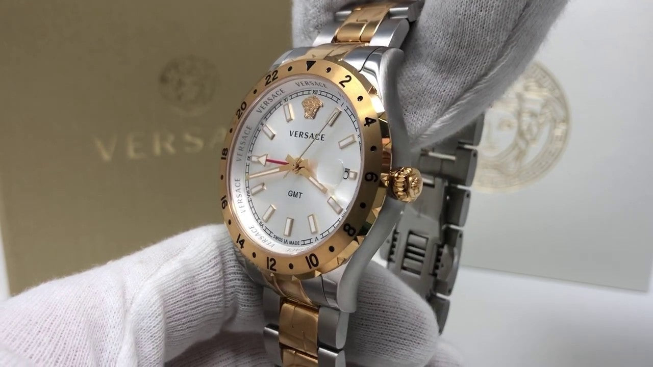 Versace Hellenyium GMT Silver Dial Two Tone Steel Strap Watch for Men - V11030015