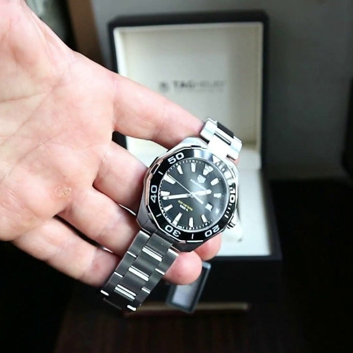 Tag Heuer Aquaracer Quartz Black Dial Silver Steel Strap Watch for Men - WAY101A.BA0746