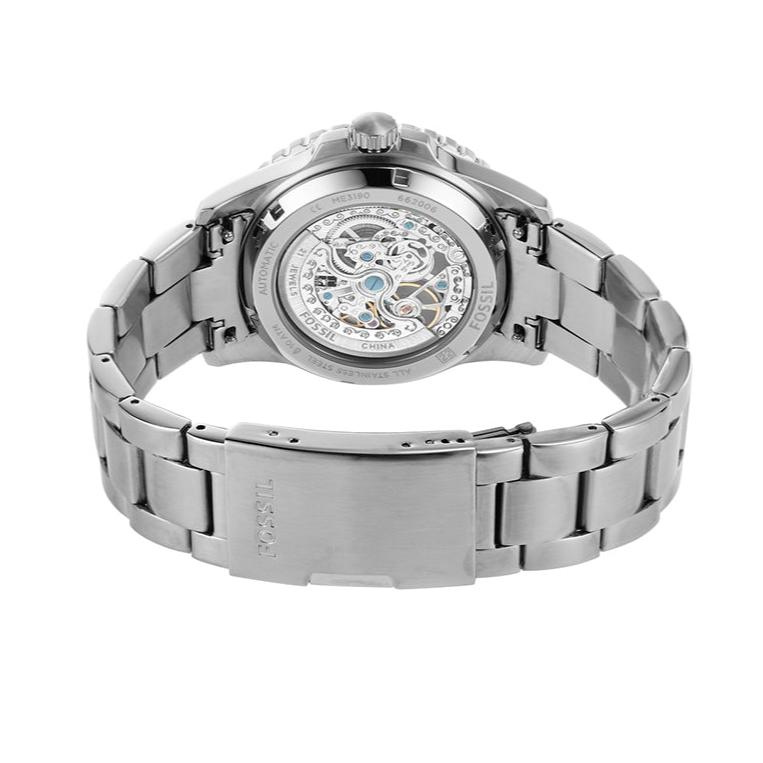 Fossil FB-01 Automatic Skeleton Black Dial Silver Steel Strap Watch for Men - ME3190