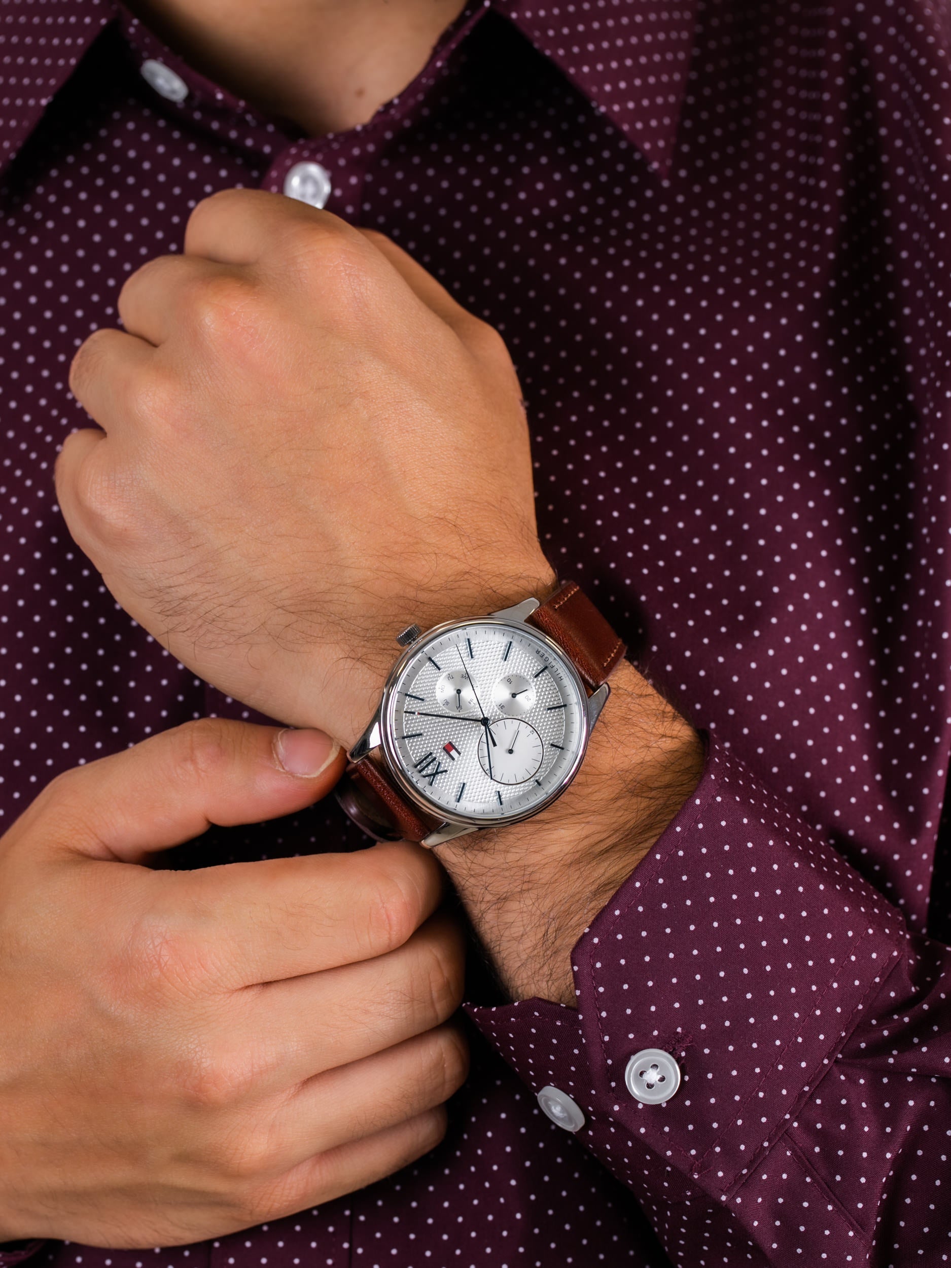 Tommy Hilfiger Damon Quartz White Dial Brown Leather Strap Watch for Men - 1791418