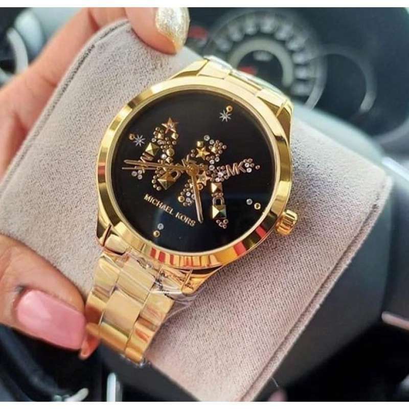 Michael Kors Runway Quartz Black Dial Gold Steel Strap Watch For Women - MK6682