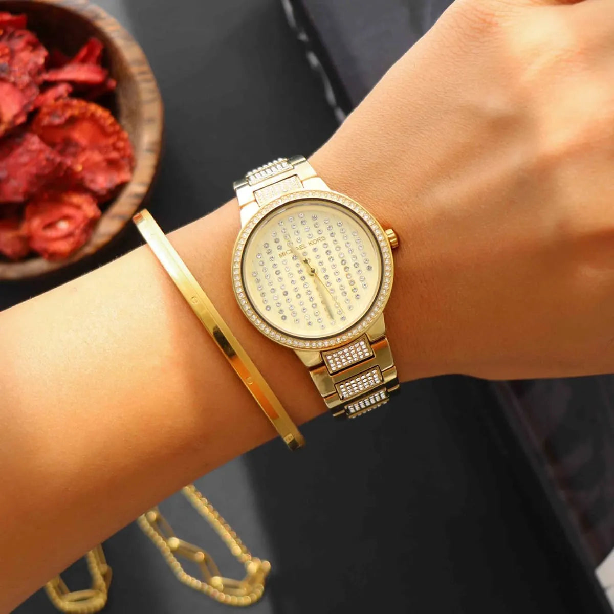 Michael Kors Gabbi Crystals Gold Dial Gold Steel Strap Watch For Women - MK3985