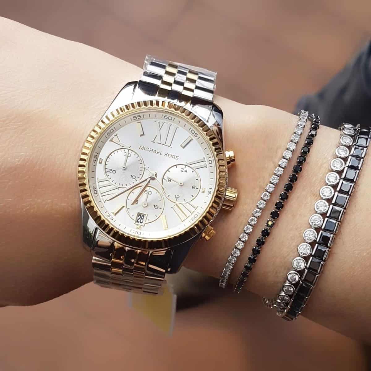 Michael Kors Lexington Silver Dial Two Tone Steel Strap Watch for Women - MK5955