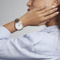 Michael Kors Layton Three Hand Mother of Pearl White Dial Two Tone Steel Strap Watch For Women - MK6849