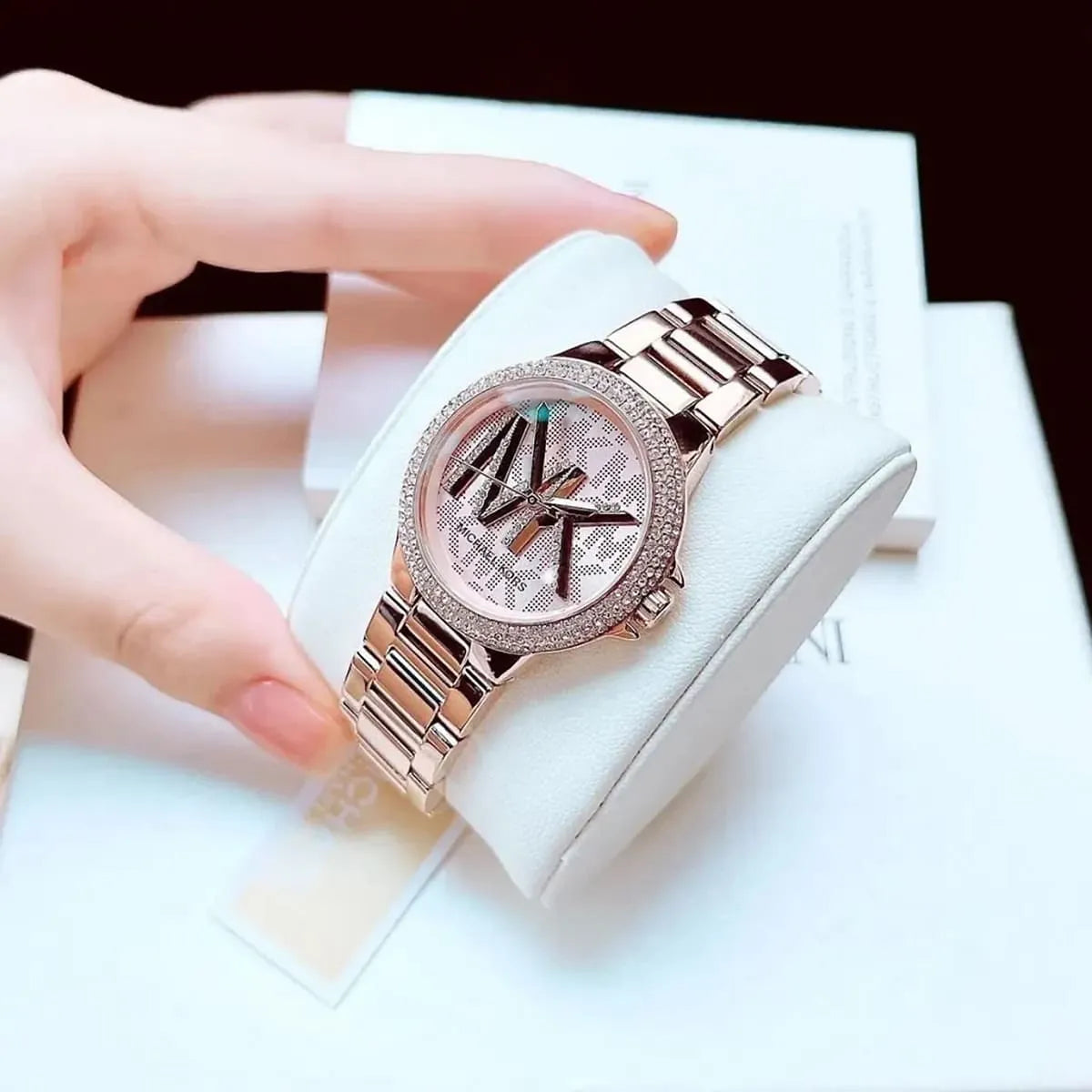 Michael Kors Camille Three Hand Rose Gold Dial Rose Gold Steel Strap Watch For Women - MK7197