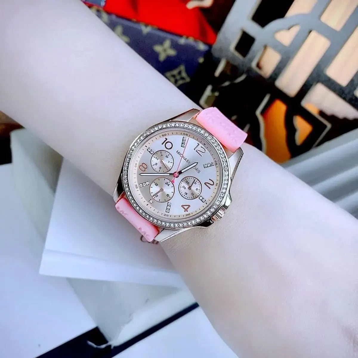 Michael Kors Mini Pilot Quartz Rose Gold Dial Pink Silicone Strap Watch For Women - MK7375