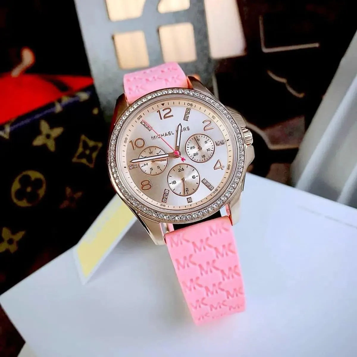 Michael Kors Mini Pilot Quartz Rose Gold Dial Pink Silicone Strap Watch For Women - MK7375