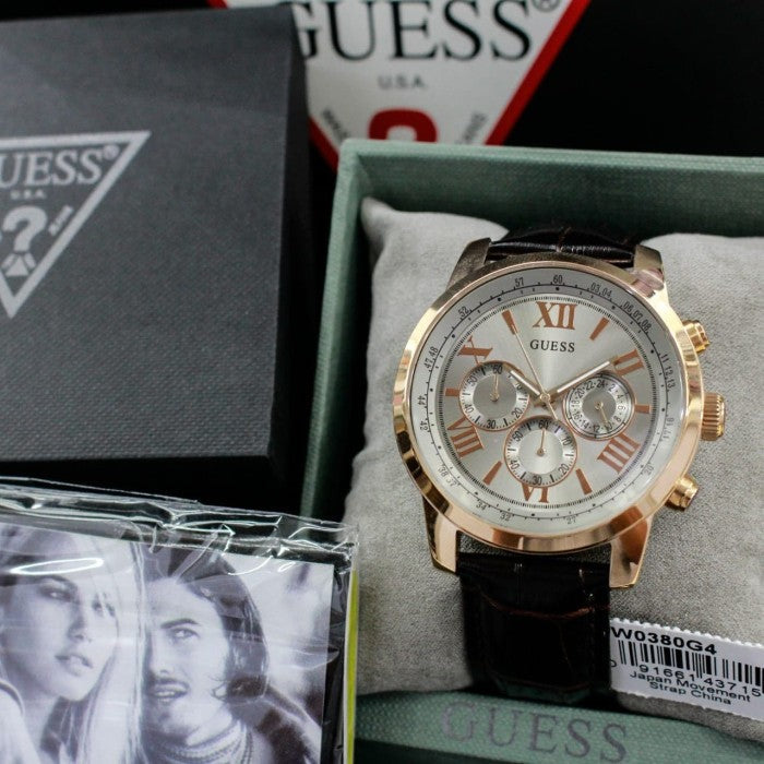 Guess Horizon Quartz Champagne Dial Brown Leather Strap Watch For Women - W0380G4