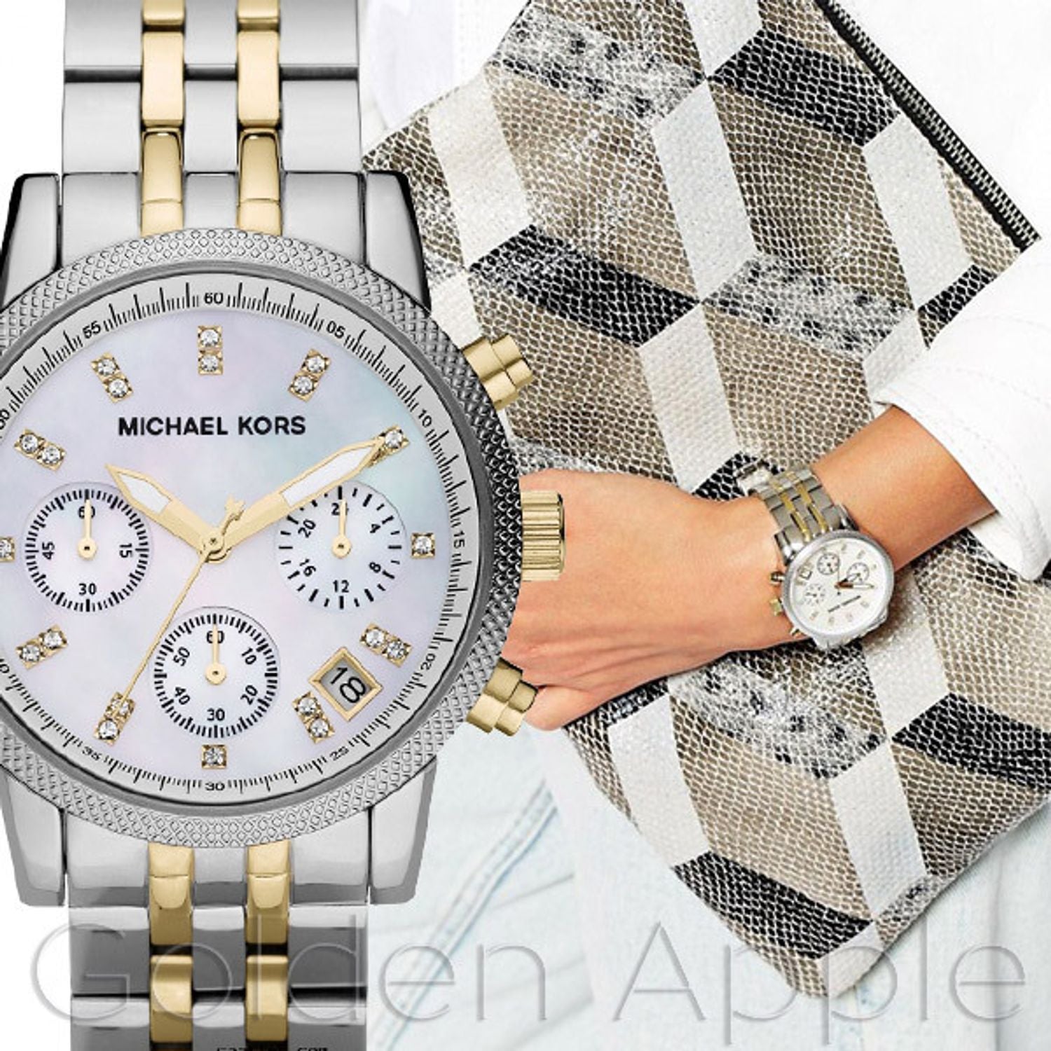 Michael Kors Ritz Chronograph White Dial Two Tone Steel Strap Watch for Women - MK5057