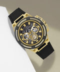 Guess Matrix Multifunction Gold Dial Black Rubber Strap Watch For Men - GW0423G2