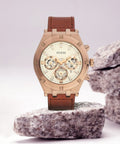 Guess Analog Multifunction White Dial Brown Leather Strap Watch for Men - GW0262G3