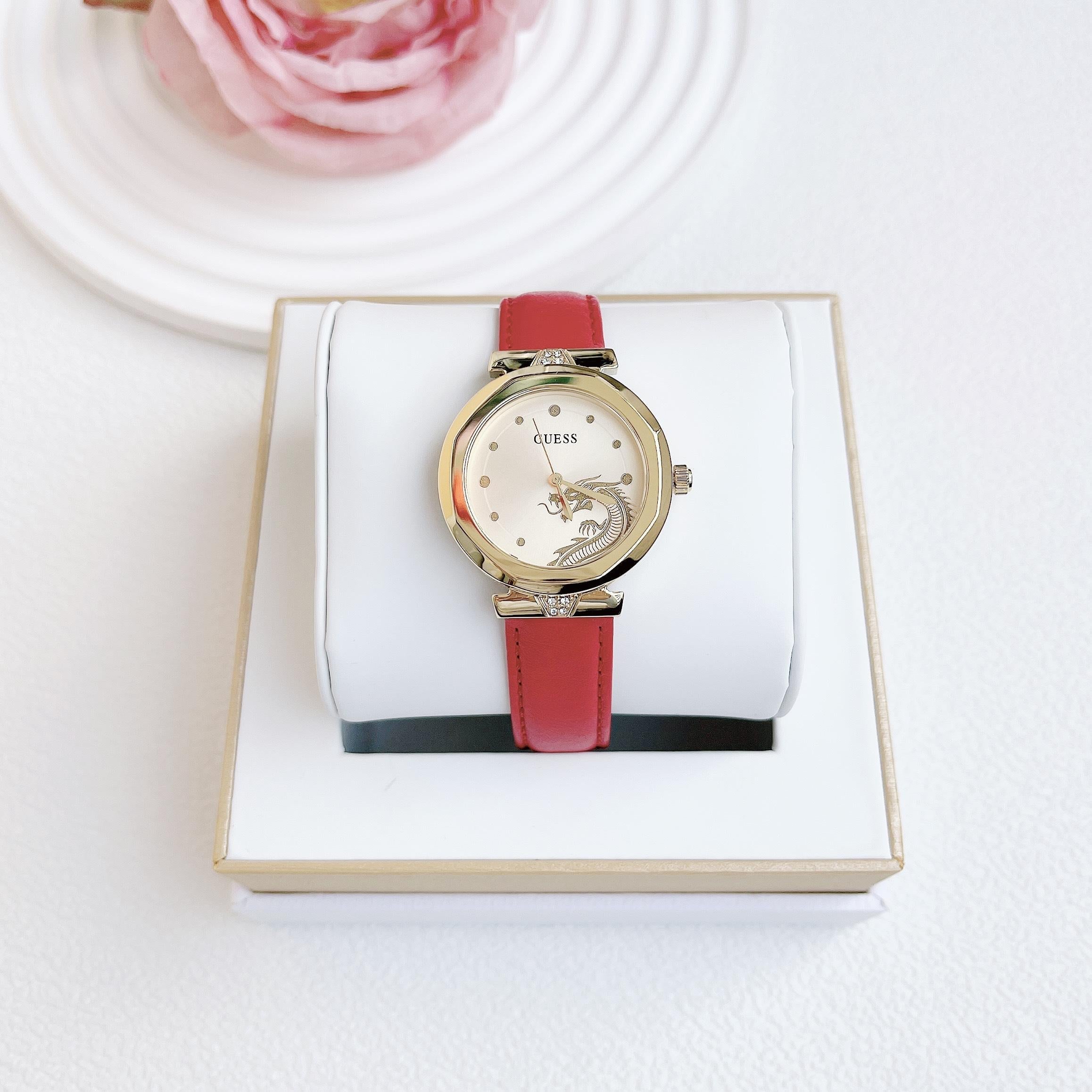 Guess Trend Dragon Gold Dial Red Leather Strap Watch For Women - GW0646L1