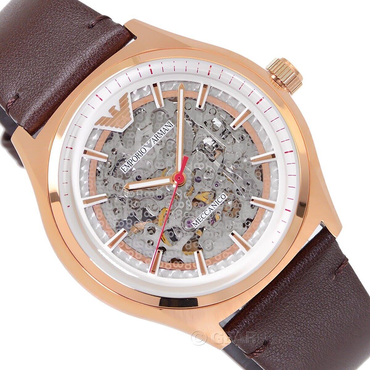 Emporio Armani Meccanico White Skeleton Dial Brown Leather Strap Watch For Men - AR60005