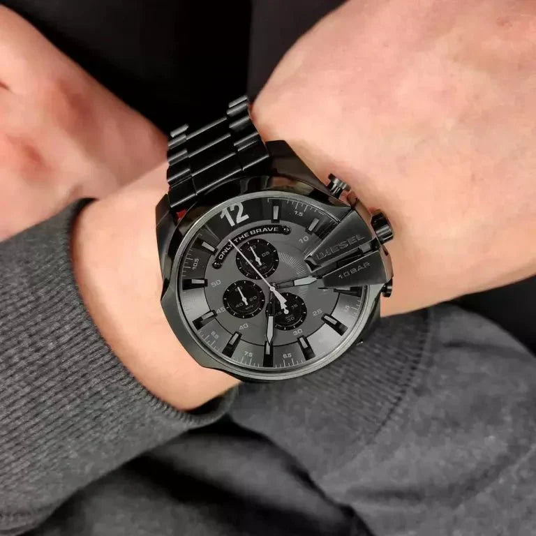 Diesel Mega Chief Chronograph Black Dial Black Steel Strap Watch For Men - DZ4355