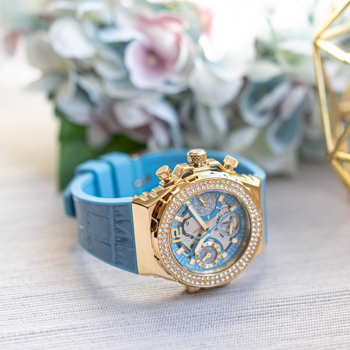 Guess Fusion Chronograph Blue Dial Blue Leather Strap Watch For Women - GW0553L3