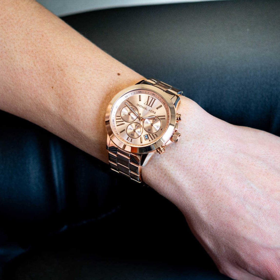 Michael Kors Runway Chronograph Rose Gold Dial Rose Gold Steel Strap Watch For Women - MK5778