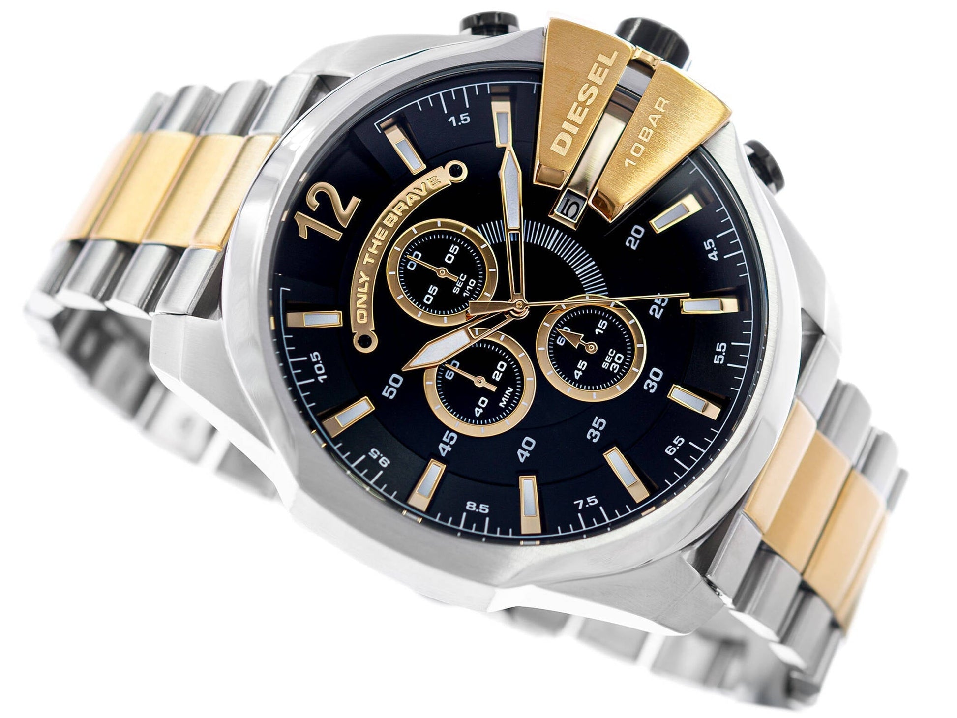 Diesel Mega Chief Chronograph Black Dial Two Tone Steel Strap Watch For Men - DZ4581