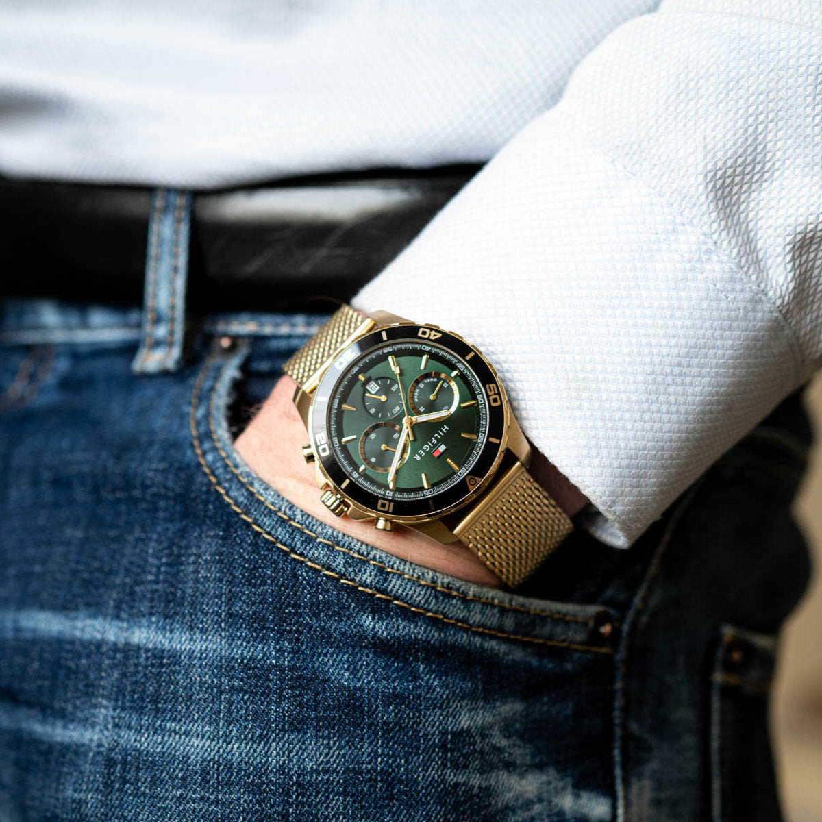 Tommy Hilfiger Jordan Chronograph Green Dial Gold Mesh Strap Watch For Men - 1792093