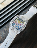 Guess Phoenix Polycarbonate Clear Multi-function Black Dial Clear Rubber Strap Watch for Men - GW0499G3