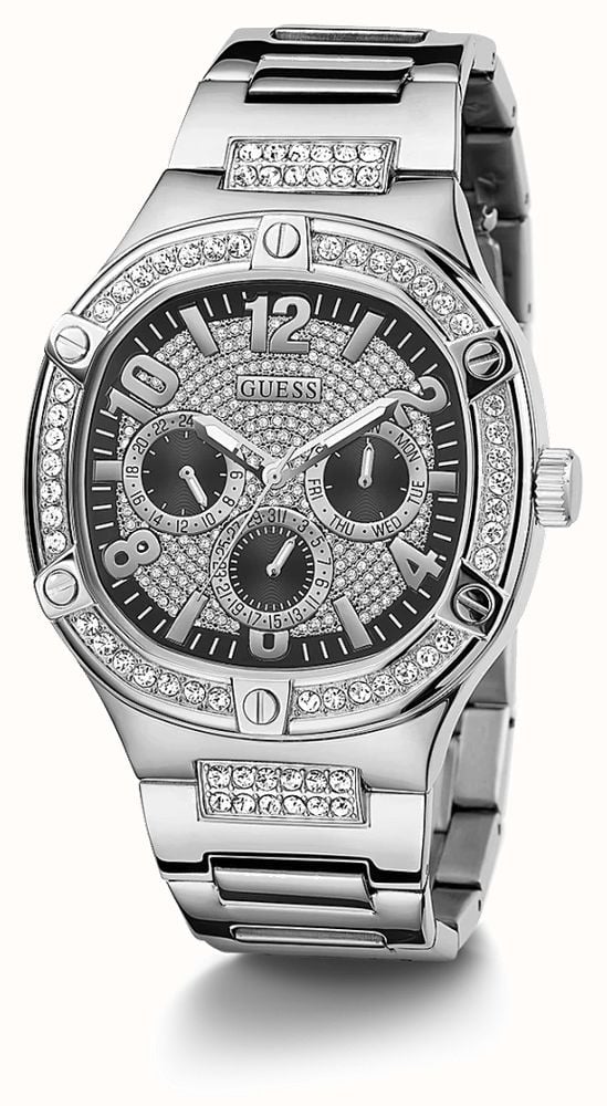 Guess Duke Glitz Black Dial Silver Steel Strap Watch For Men - GW0576G1