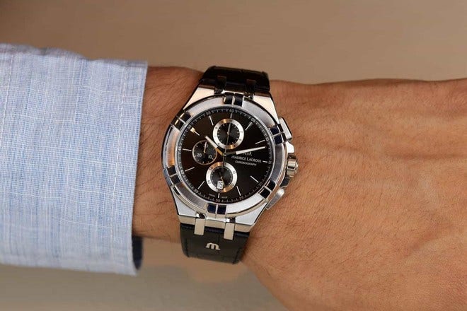 Maurice Lacroix Aikon Chronograph Black Dial Black Leather Strap Watch for Men - AI1018-SS001-330-2