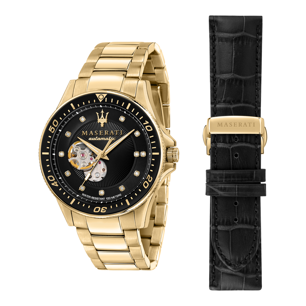 Maserati SFIDA Black Dial Yellow Gold Toned Stainless Steel Watch For Men - R8823140003