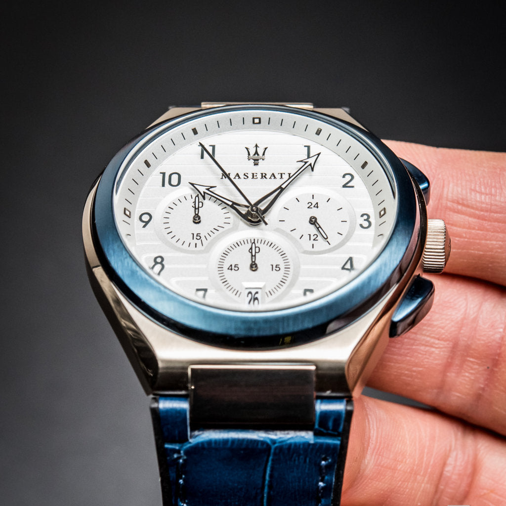 Maserati Triconic Chronograph White Dial Blue Leather Strap Watch For Men - R8871639001