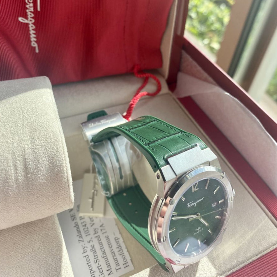 Salvatore Ferragamo F-80 Classic Green Dial Green Leather Strap Watch for Men - SFDT00519