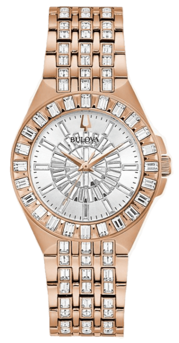 Bulova Phantom White Dial with Swarovski Baguettes Rose Gold Steel Strap Watch for Women - 98L268