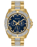 Bulova Crystal Collection Blue Dial Gold Steel Strap Watch for Men - 98C128