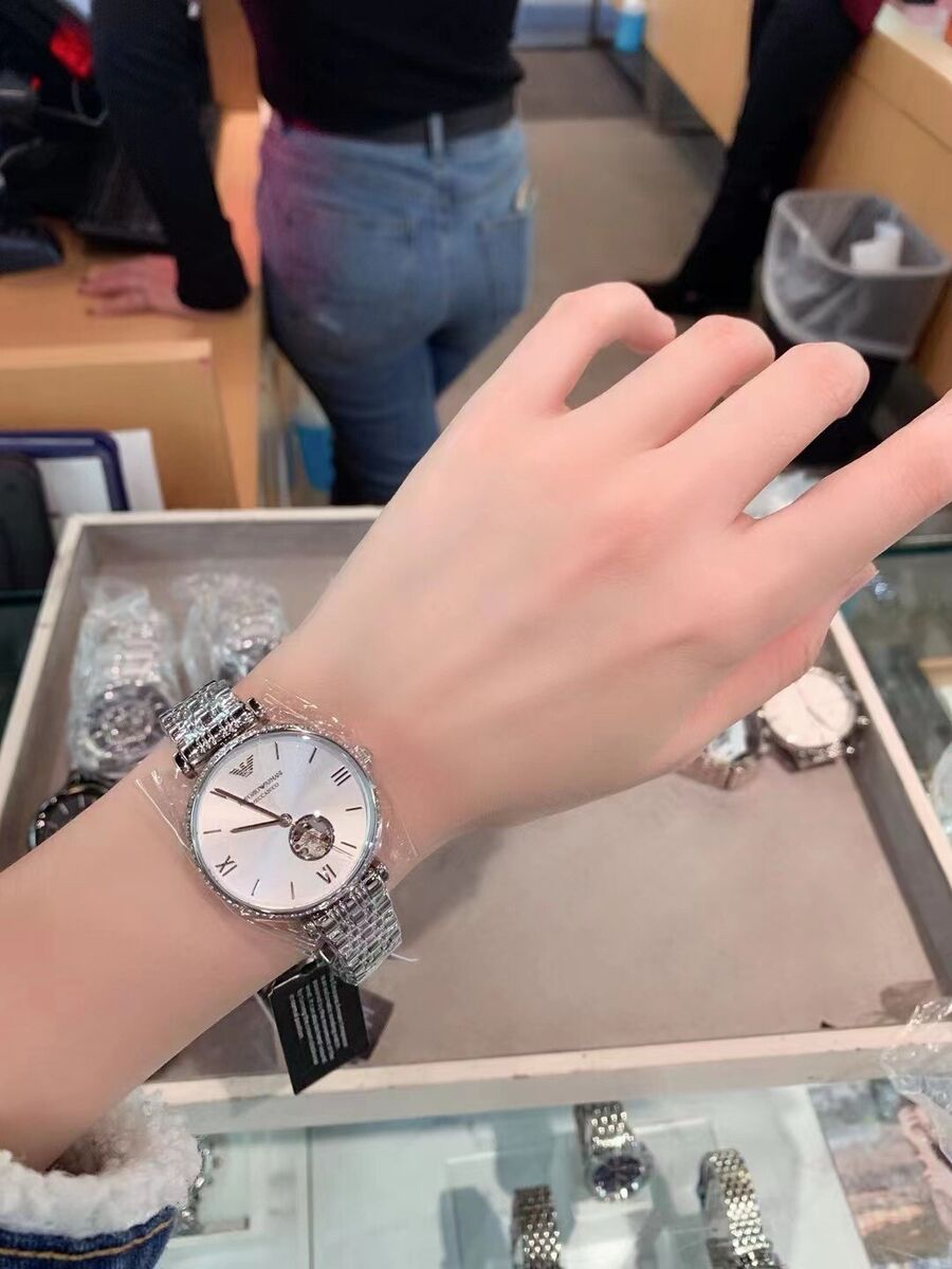 Emporio Armani Gianni T-Bar Automatic Silver Dial Silver Steel Strap Watch For Women - AR60022