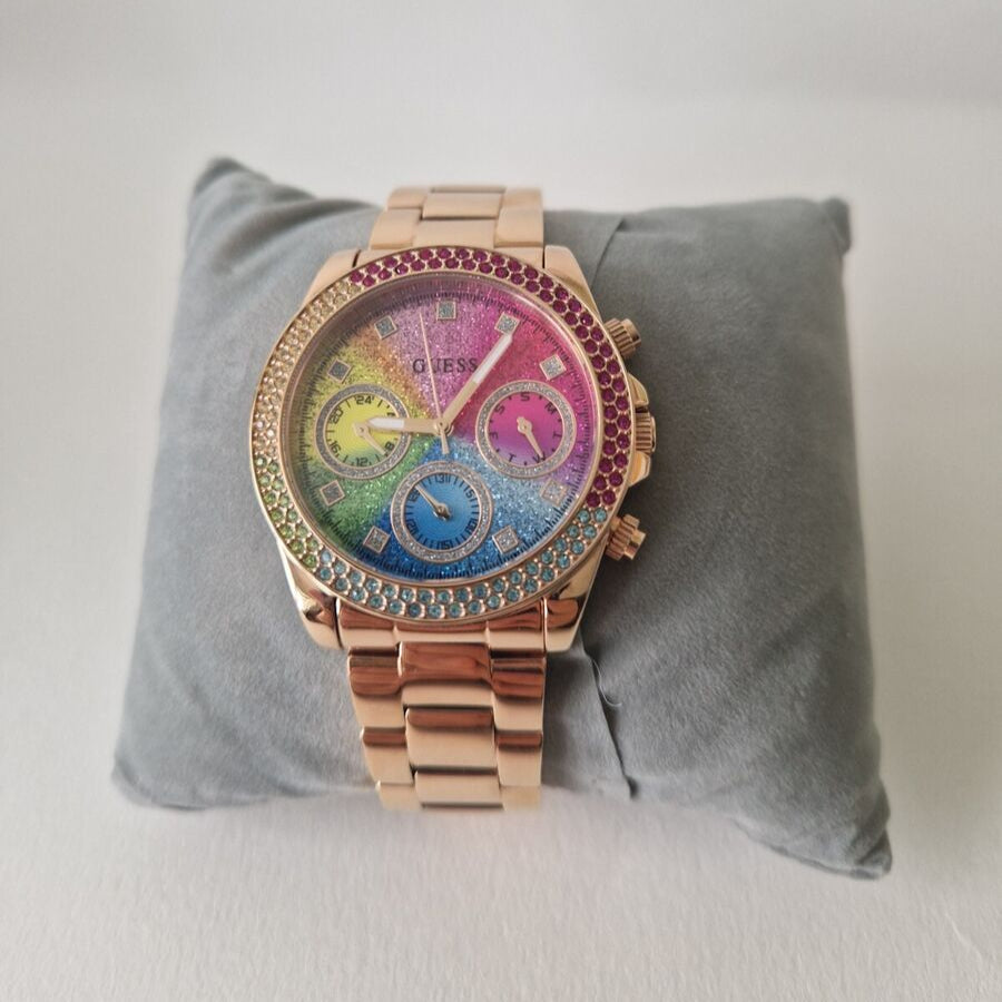 Guess Confetti Chronograph Rainbow Dial Gold Steel Strap Watch For Women  - GW0483L4