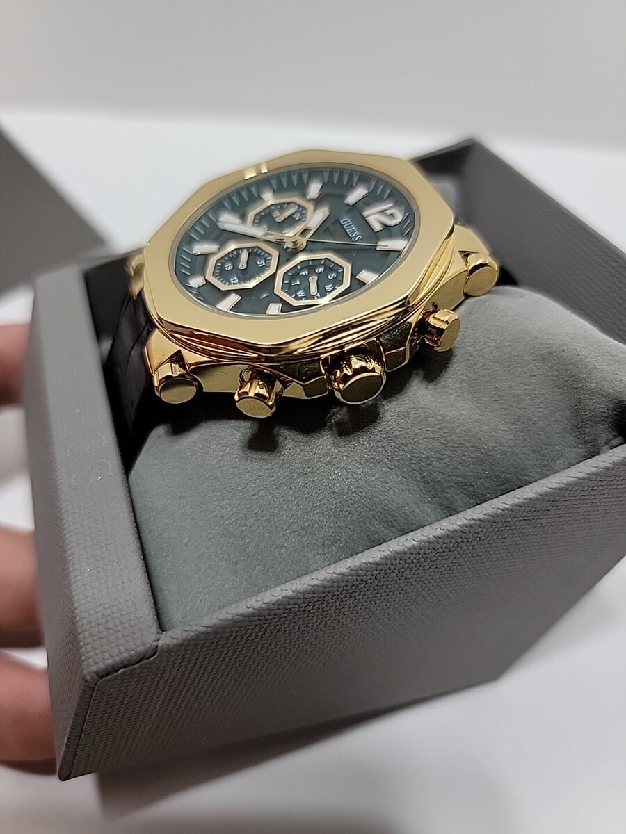Guess Edge Chronograph Green Dial Black Leather Strap Watch For Men - GW0492G3